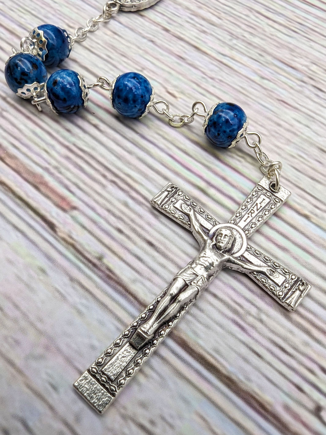 Handmade 8mm Blue Stained Glass Beads Our Lady of Fatima Rosary