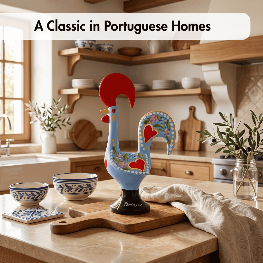 A decorative rooster figurine painted in light blue with red, green, and floral details, displayed on a wooden cutting board in a warm, rustic kitchen setting. A beige banner at the top reads &
