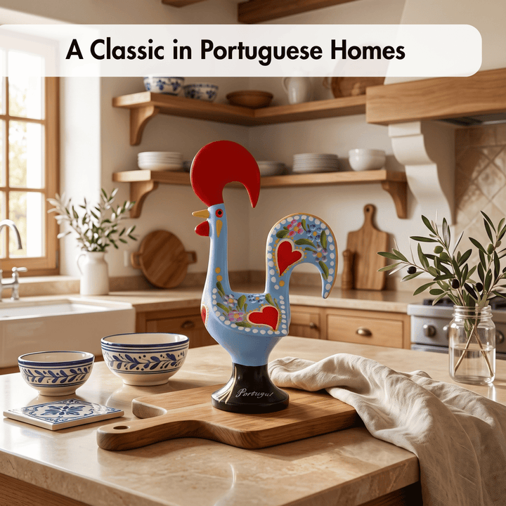 A decorative rooster figurine painted in light blue with red, green, and floral details, displayed on a wooden cutting board in a warm, rustic kitchen setting. A beige banner at the top reads &