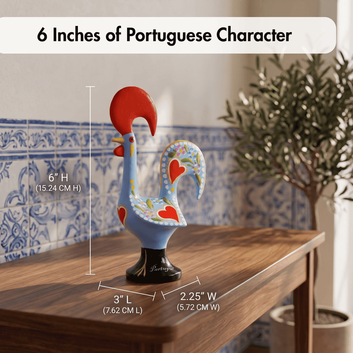 A decorative rooster figurine displayed on a wooden table in a styled interior setting, with overlaid dimension lines and text reading &