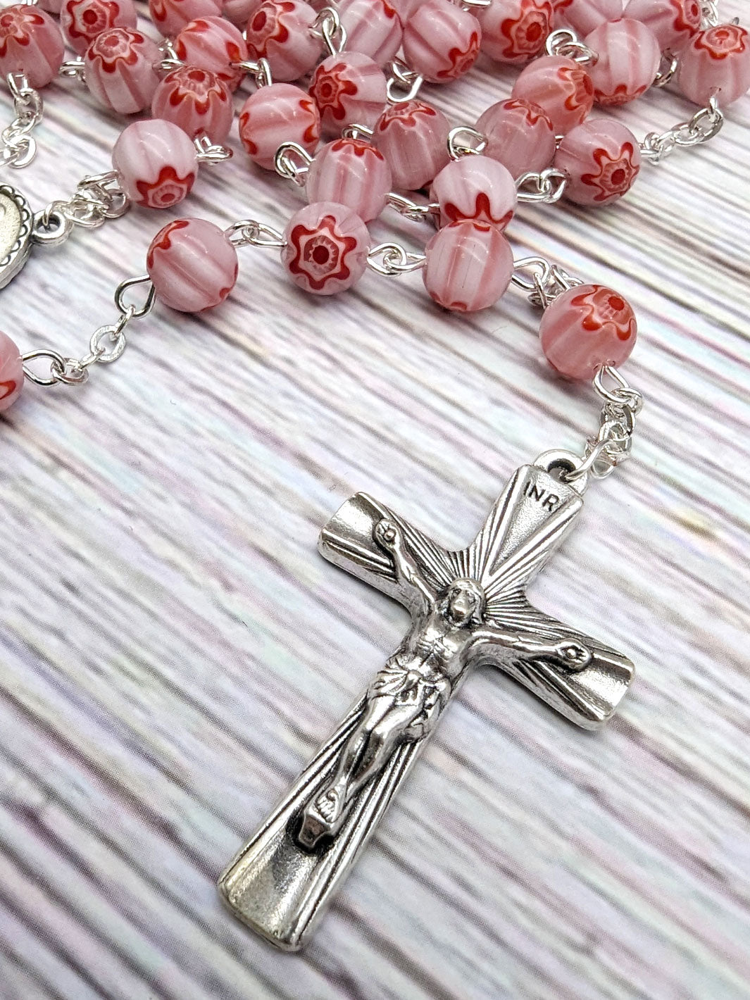 Handmade Our Lady of Fatima Rosary with Murano Crystal Beads Pink