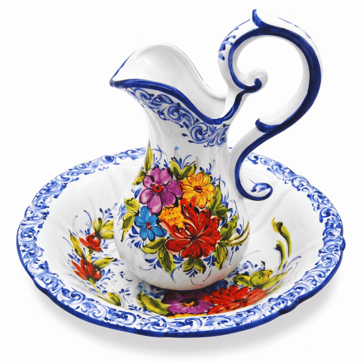 Hand Painted Portuguese Pottery Floral Wash Basin with Pitcher Set