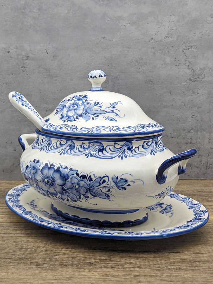 Hand Painted Alcobaça Ceramic Blue and White Decorative Tureen