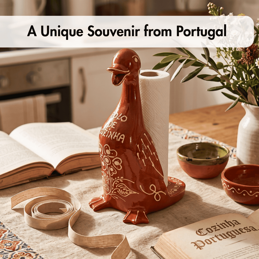 A ceramic paper towel holder shaped like a duck in a warm terracotta orange color with white painted floral details and the Portuguese word &