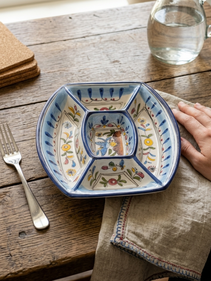Decorative ceramic bowl on a wooden table with a hand and fork nearby