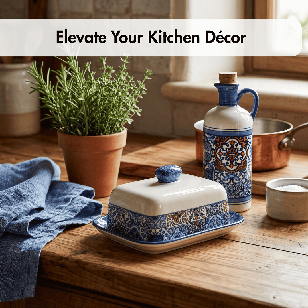 Decorative ceramic items on a wooden surface with text 'Elevate Your Kitchen Décor'.