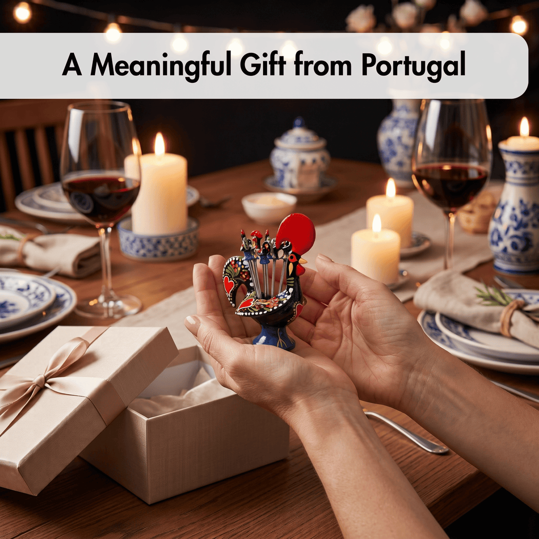 A person holds a small colorful Portuguese gift set in two hands over a warmly lit dinner table. The set includes a red and black decorative top with multiple small colorful items.