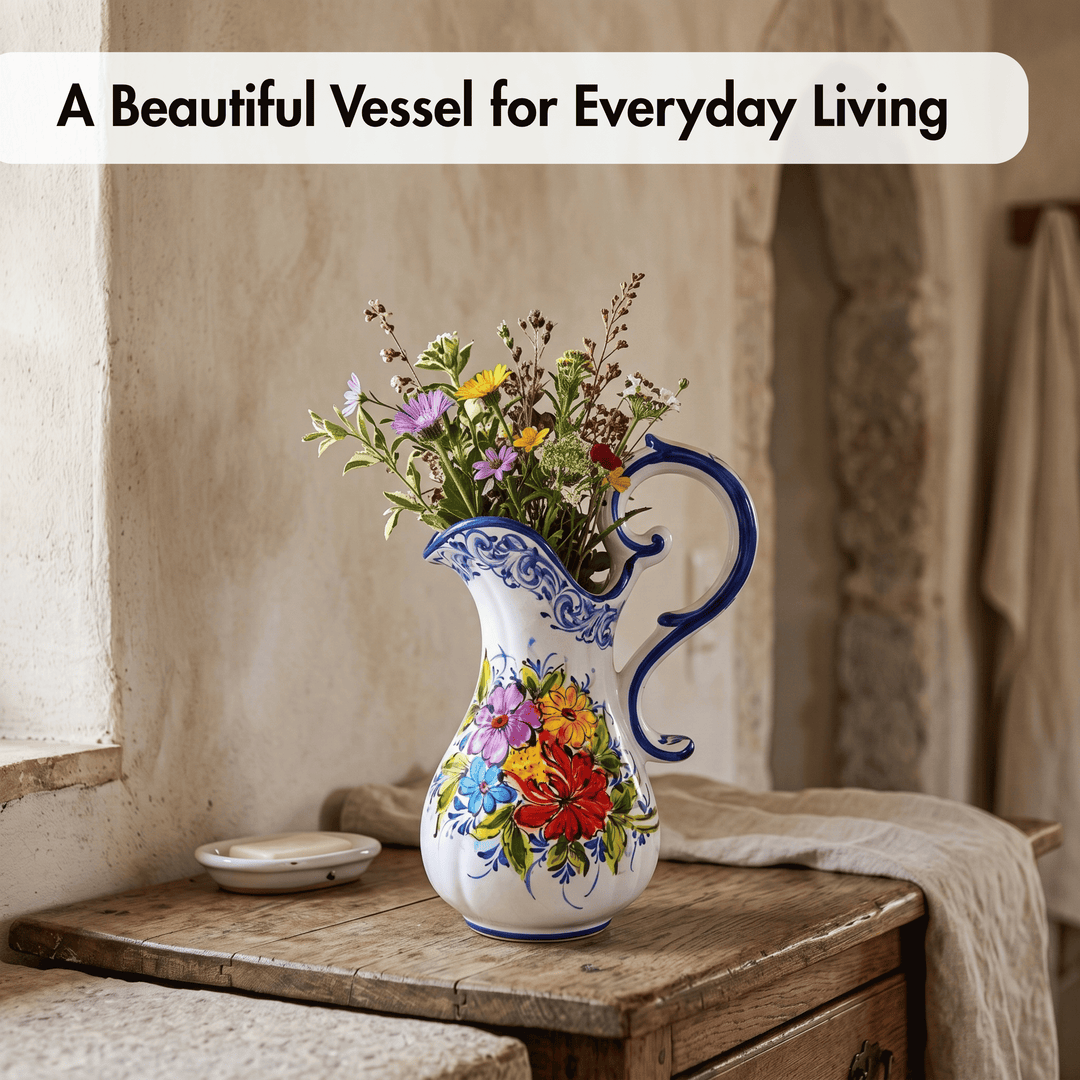 Hand Painted Portuguese Pottery Floral Wash Basin with Pitcher Set