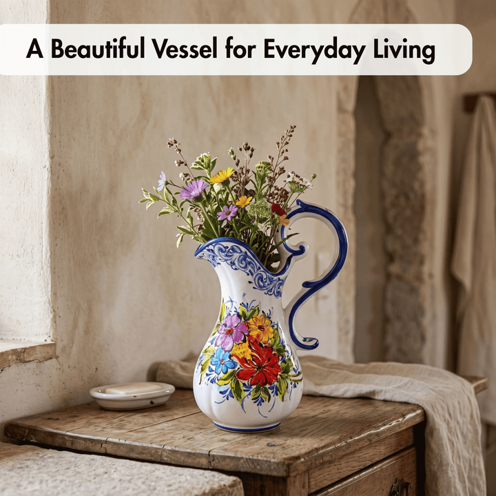 Hand Painted Portuguese Pottery Floral Wash Basin with Pitcher Set
