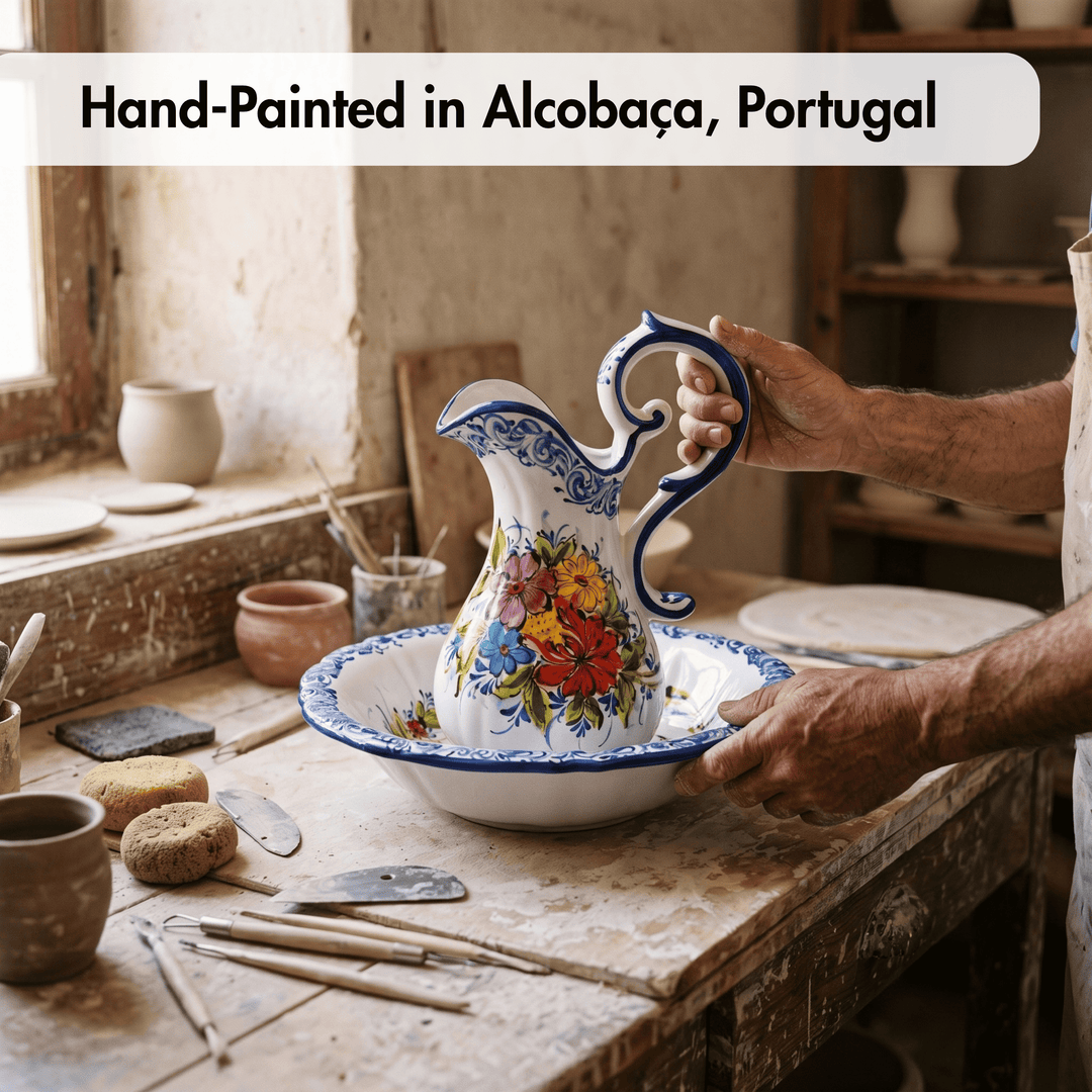 Hand Painted Portuguese Pottery Floral Wash Basin with Pitcher Set