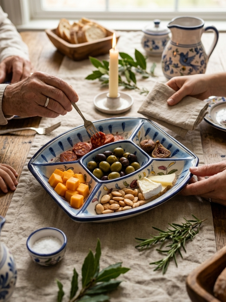 People enjoying a meal together with a platter of assorted foods on a wooden table.