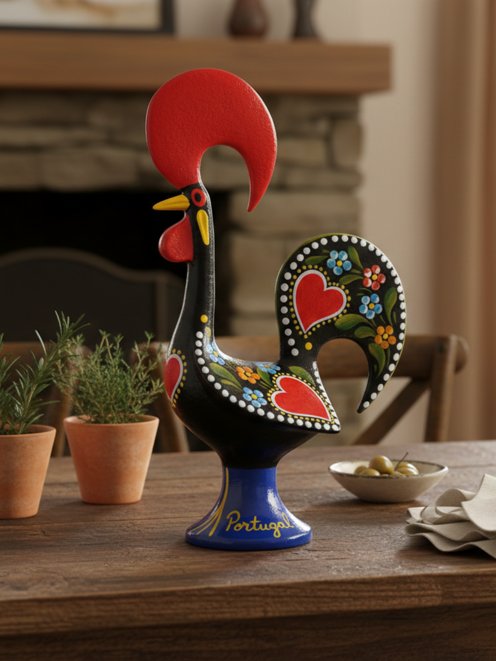 Decorative rooster figurine with colorful design on a wooden table.
