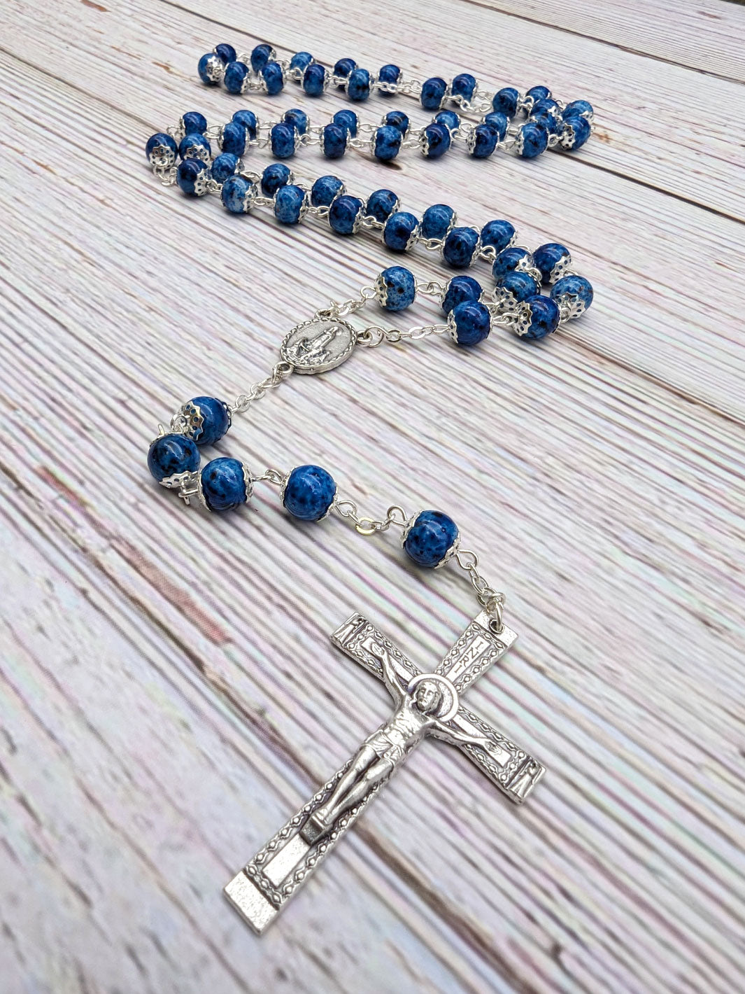 Handmade 8mm Blue Stained Glass Beads Our Lady of Fatima Rosary