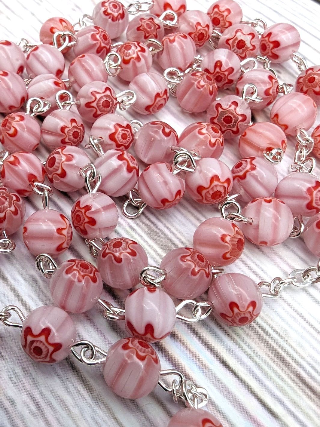 Handmade Our Lady of Fatima Rosary with Murano Crystal Beads Pink