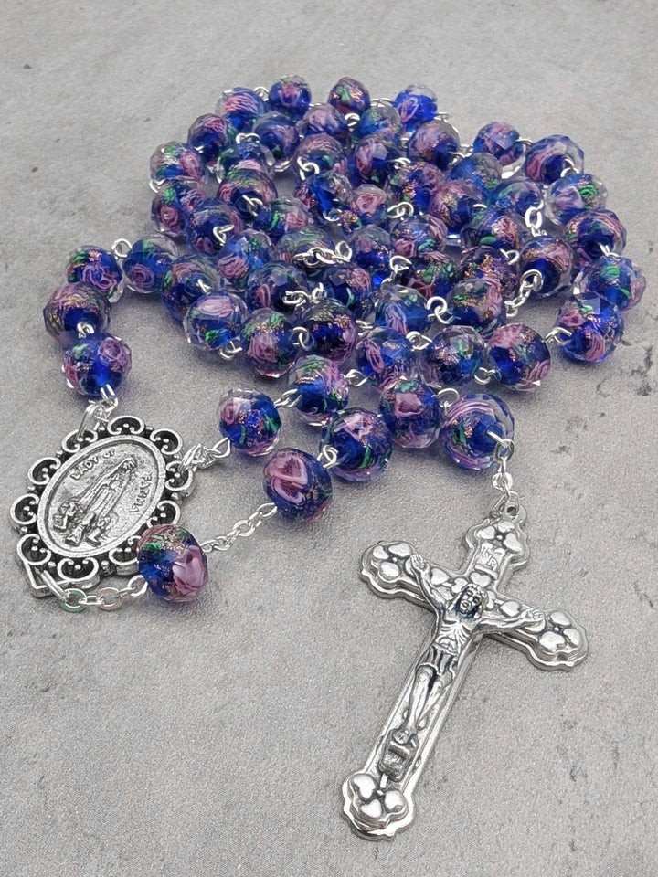 Handmade Our Lady of Fatima Rosary with Murano Glass Beads - Blue