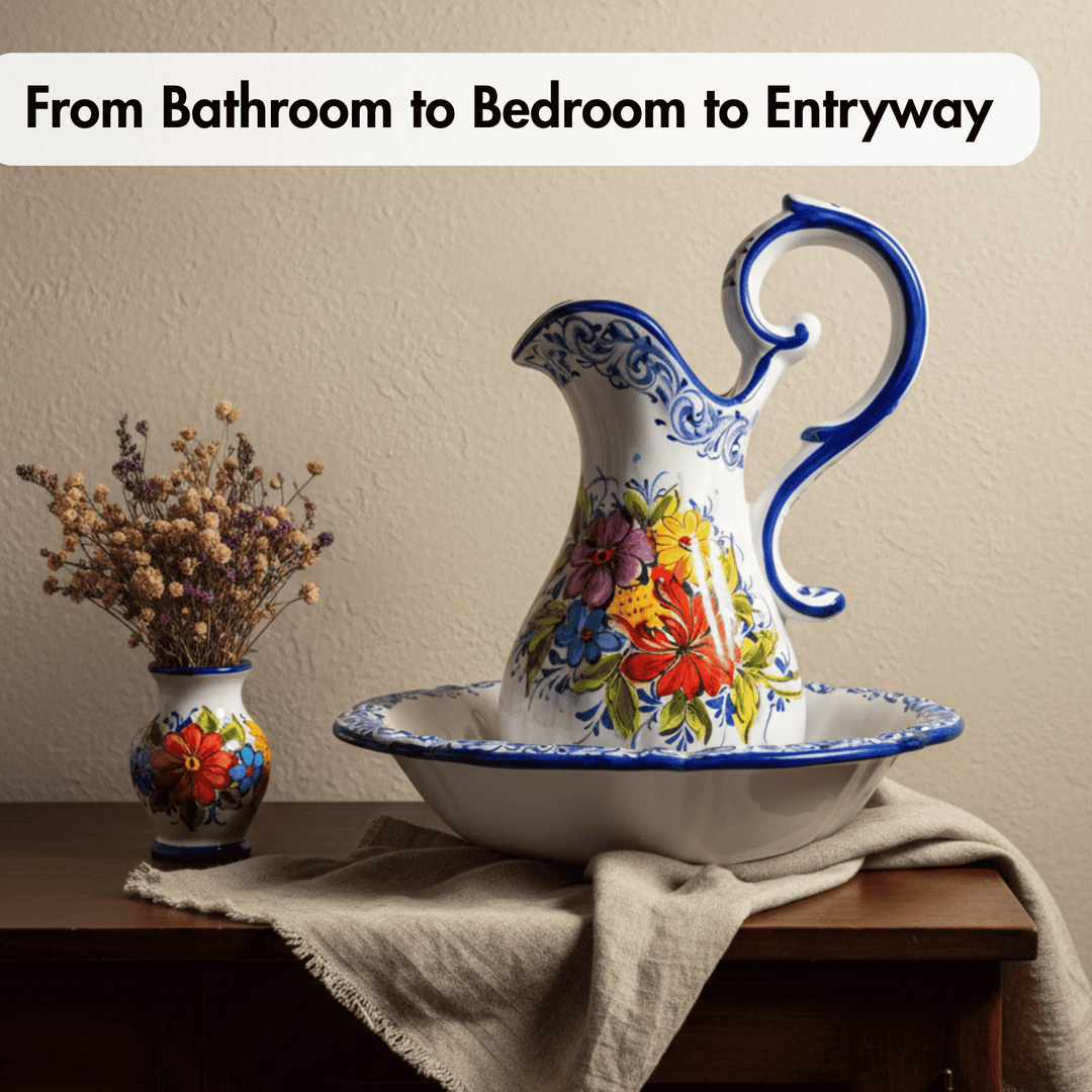 Hand Painted Portuguese Pottery Floral Wash Basin with Pitcher Set