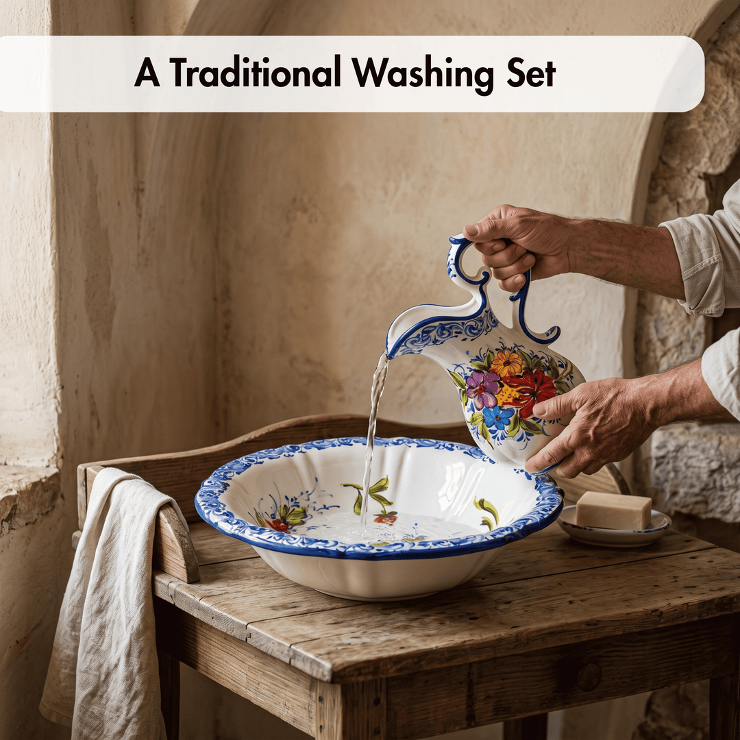 Hand Painted Portuguese Pottery Floral Wash Basin with Pitcher Set