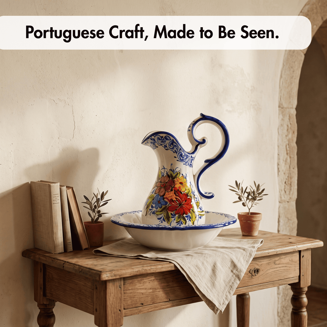 Hand Painted Portuguese Pottery Floral Wash Basin with Pitcher Set