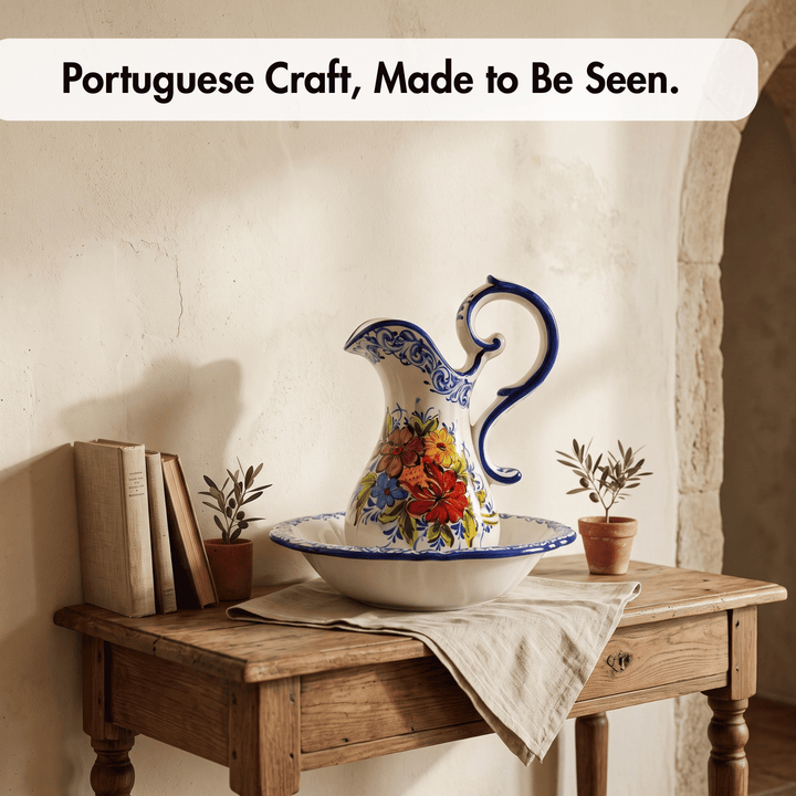 Hand Painted Portuguese Pottery Floral Wash Basin with Pitcher Set