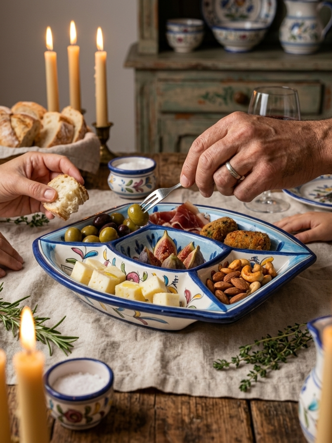 Two people sharing a plate of food with candles and a rustic background