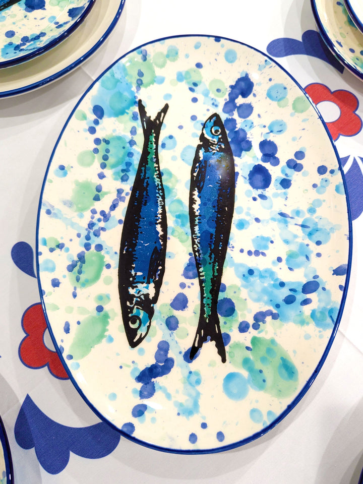 Splash Sardines Portuguese Pottery Ceramic Oval Platter - Set of 2