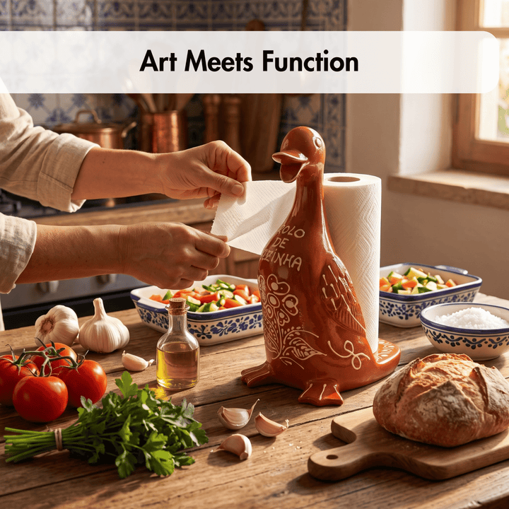 A ceramic duck-shaped paper towel holder sits on a rustic wooden table in a kitchen setting, with a person&