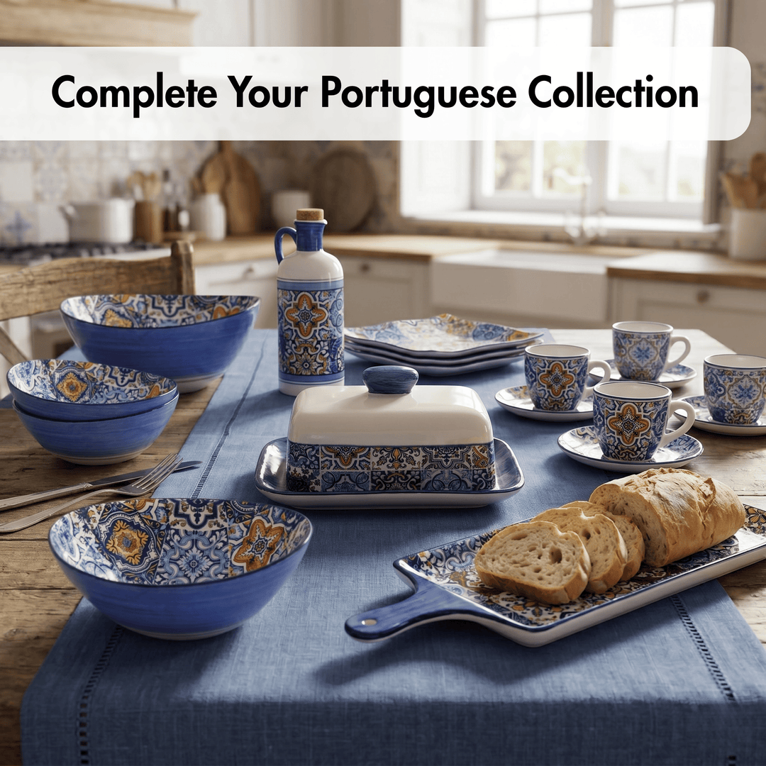 Portuguese-style tableware set on a kitchen table with text 'Complete Your Portuguese Collection'.