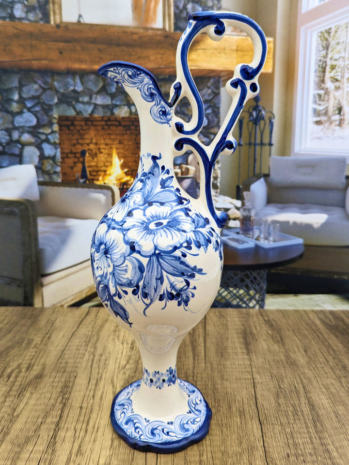 Portuguese Pottery Hand Painted Alcobaça Ceramic Blue & White Pitcher - Gomil