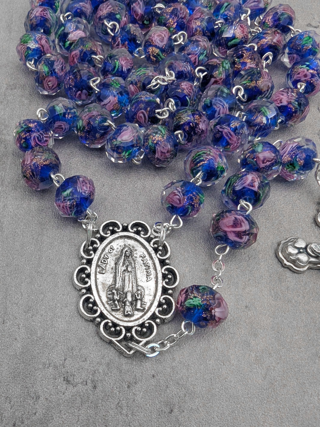 Handmade Our Lady of Fatima Rosary with Murano Glass Beads - Blue