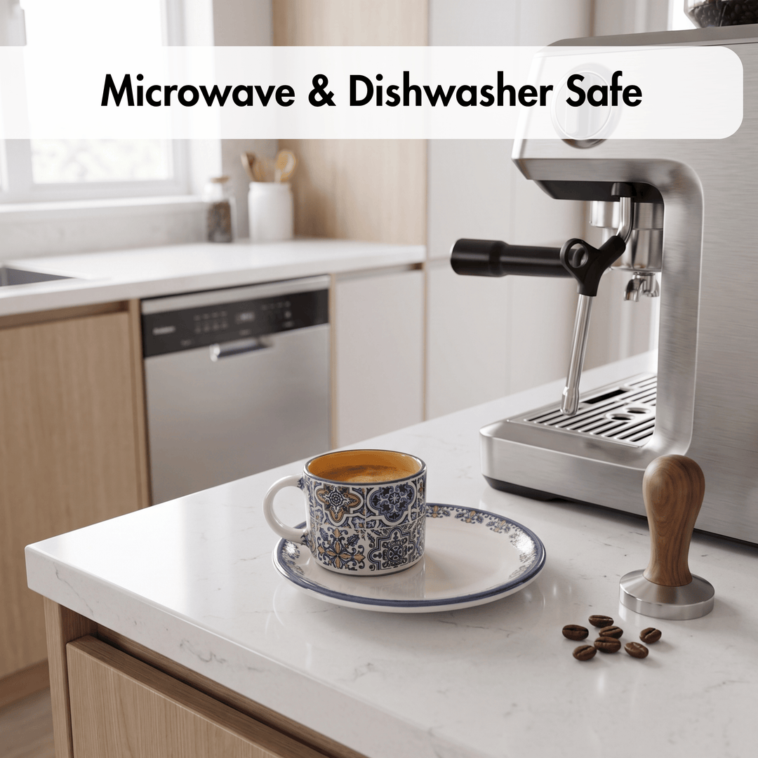 Espresso machine on a kitchen counter with a cup and saucer, and coffee beans.