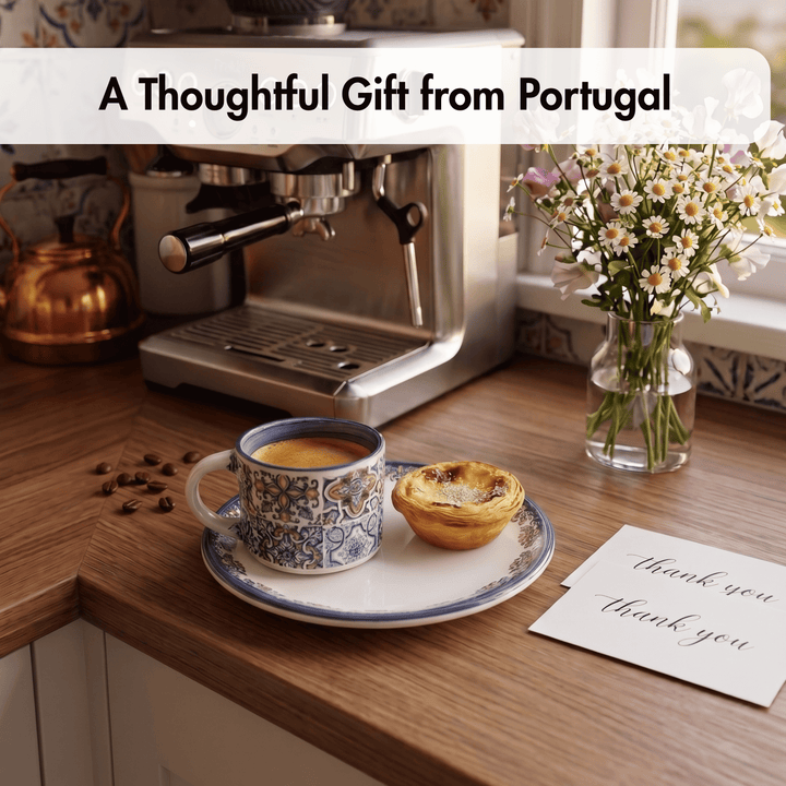 Cup of coffee with a pastry on a plate, coffee machine, and flowers on a wooden counter.