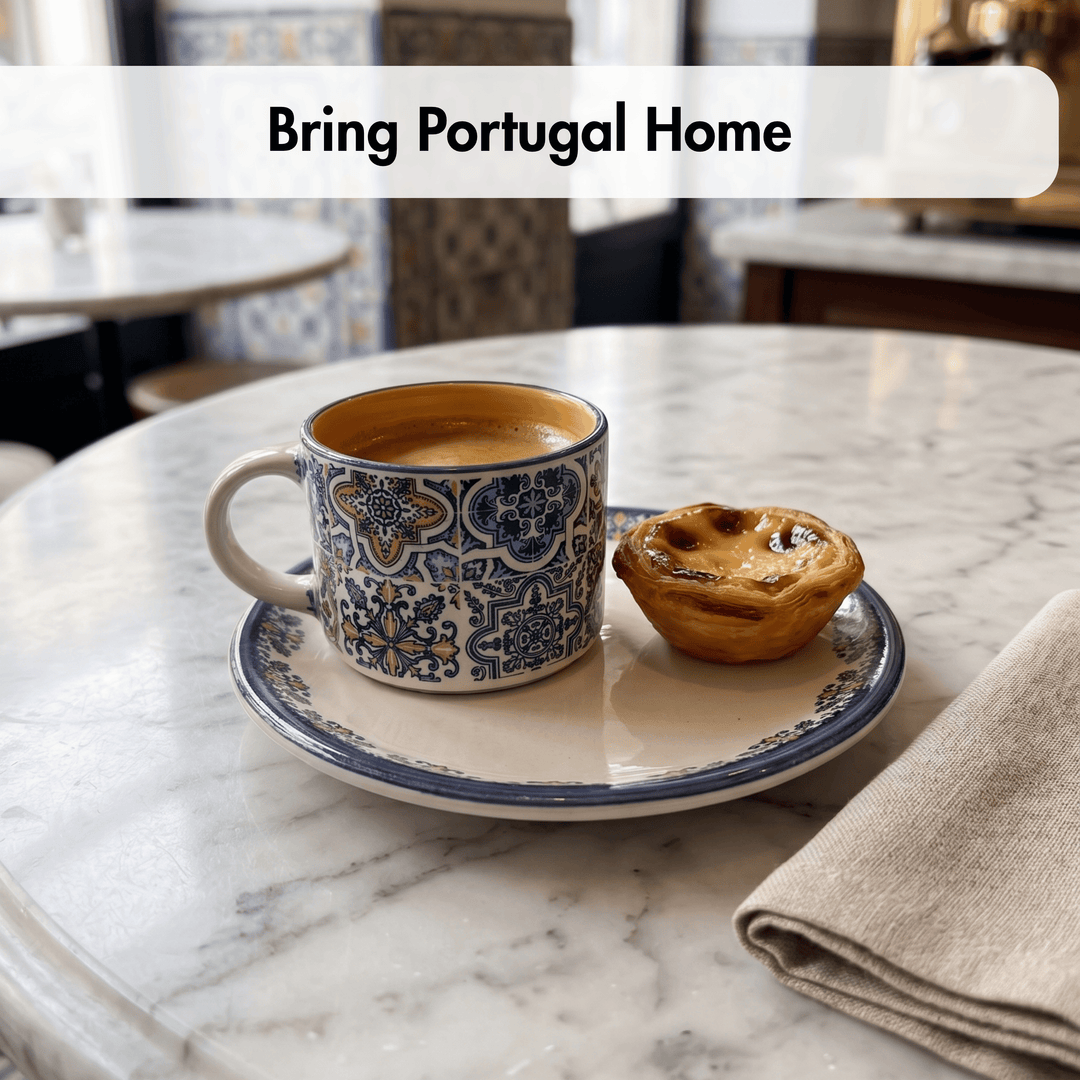 Cup of coffee and pastel de nata on a marble table with 'Bring Portugal Home' text.