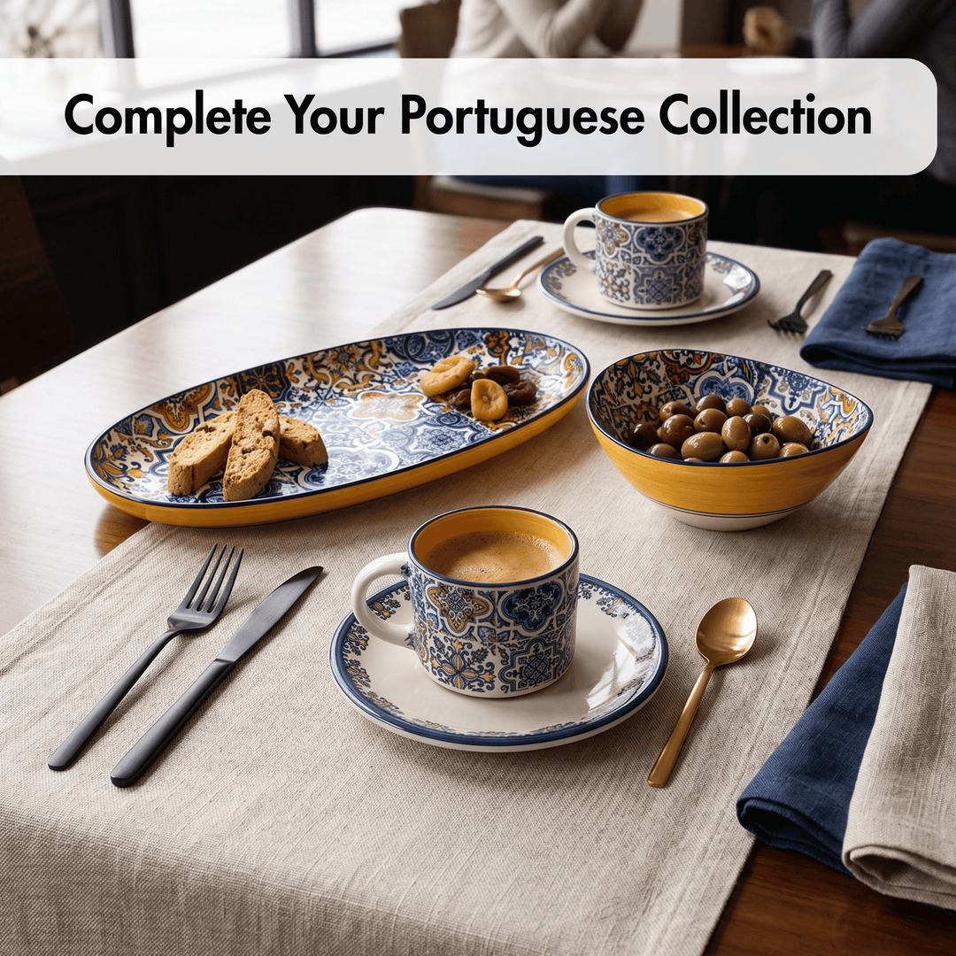 Portuguese ceramic tableware set on a dining table with text 'Complete Your Portuguese Collection'.