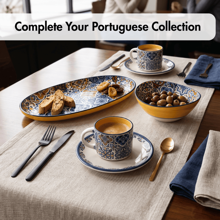 Portuguese ceramic tableware set on a dining table with text 'Complete Your Portuguese Collection'.