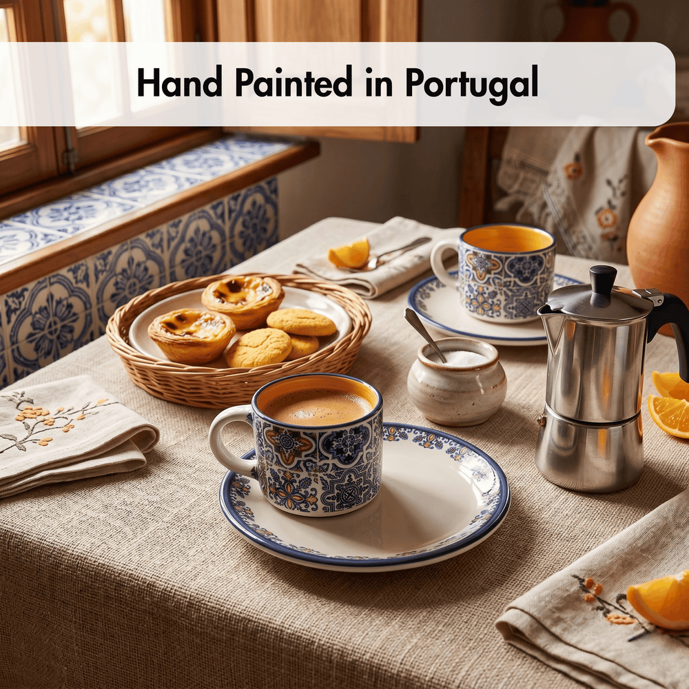 Café setting with hand-painted Portuguese ceramic cups and saucers on a table.