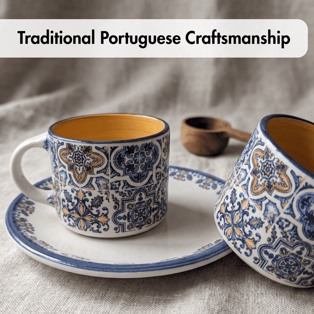 Traditional Portuguese ceramic mug and saucer with intricate patterns on a textured surface.