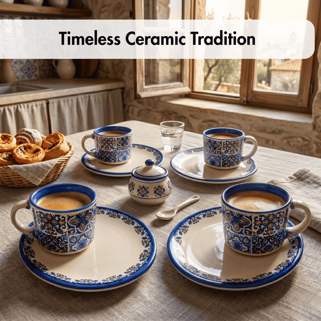 Ceramic cups and saucers with blue and white patterns on a table, with a basket of pastries and a window in the background.