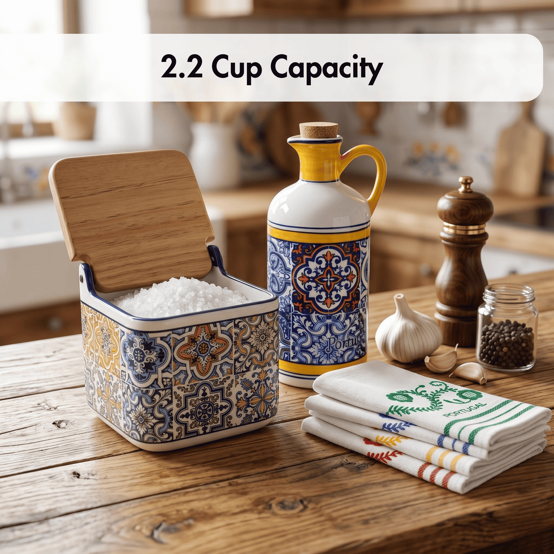 Azulejos Ceramic Salt Cellar with Wooden Lid