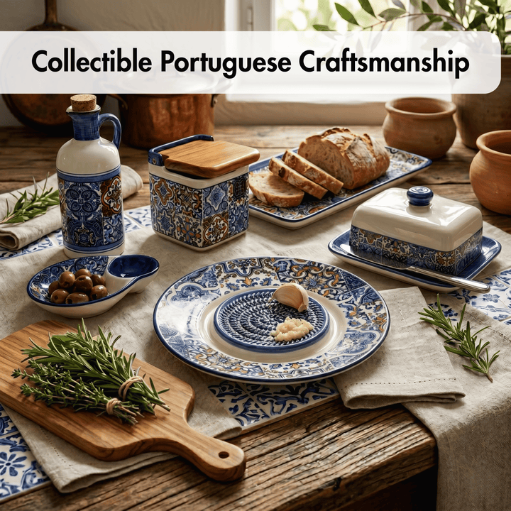 Table setting with Portuguese ceramic items, bread, and herbs on a wooden table.