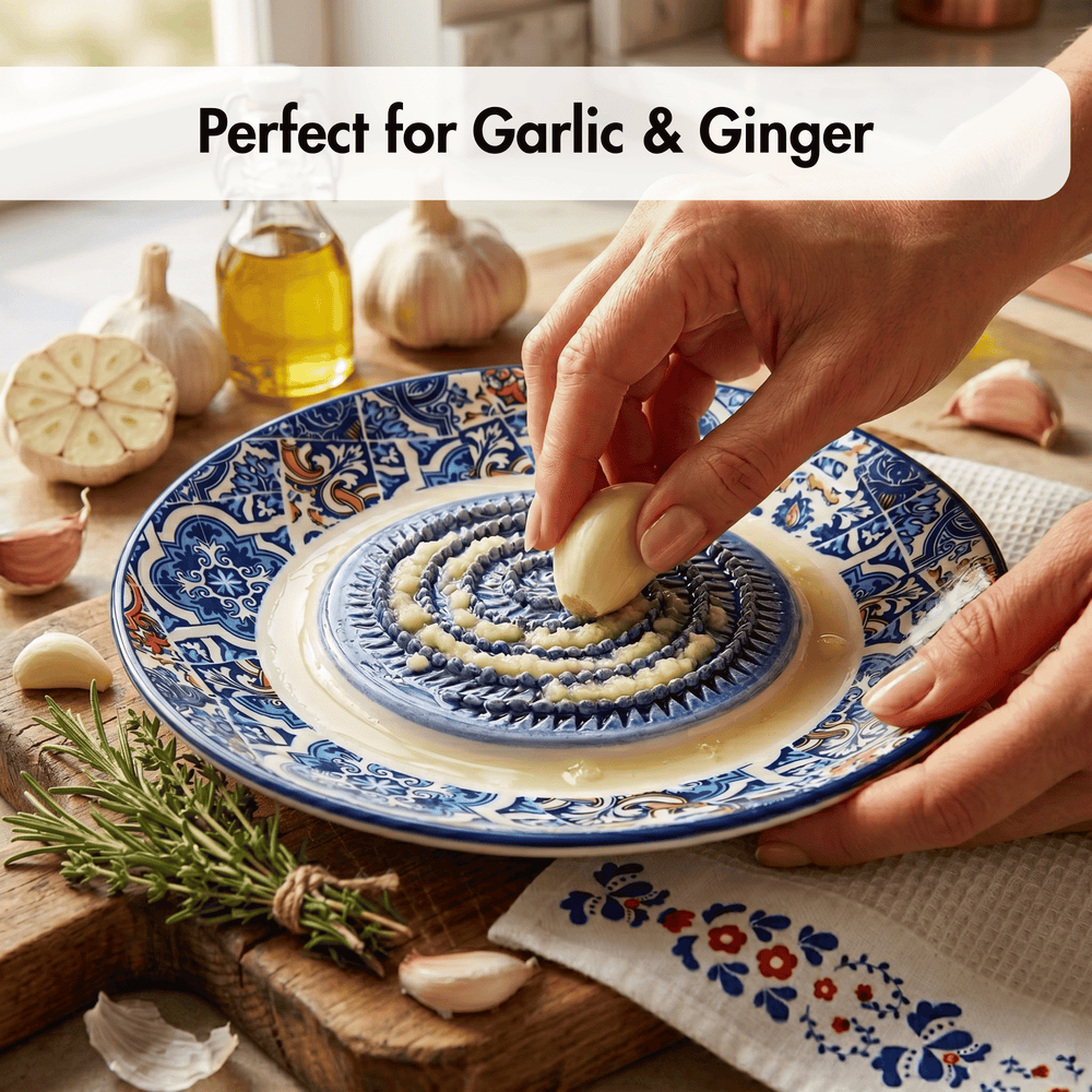 Person peeling garlic over a decorative plate with text 'Perfect for Garlic & Ginger' on a kitchen counter.