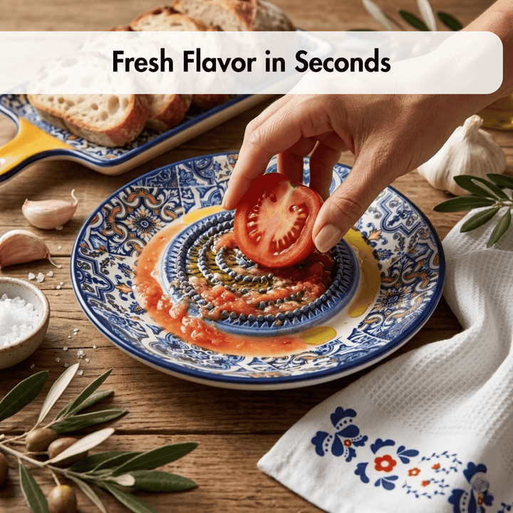 Hand placing a tomato slice on a decorative plate with fresh ingredients on a wooden table.