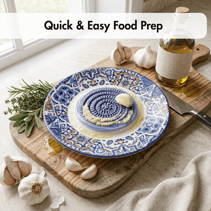 Decorative plate with food on a wooden cutting board with garlic and olive oil.