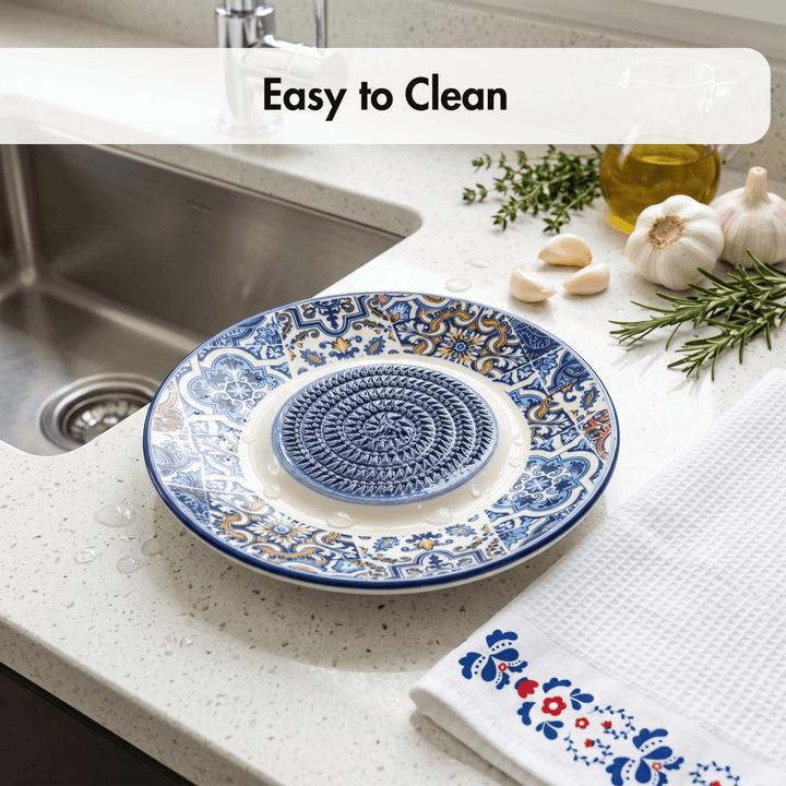 Decorative plate with intricate patterns on a kitchen counter, with text 'Easy to Clean'.