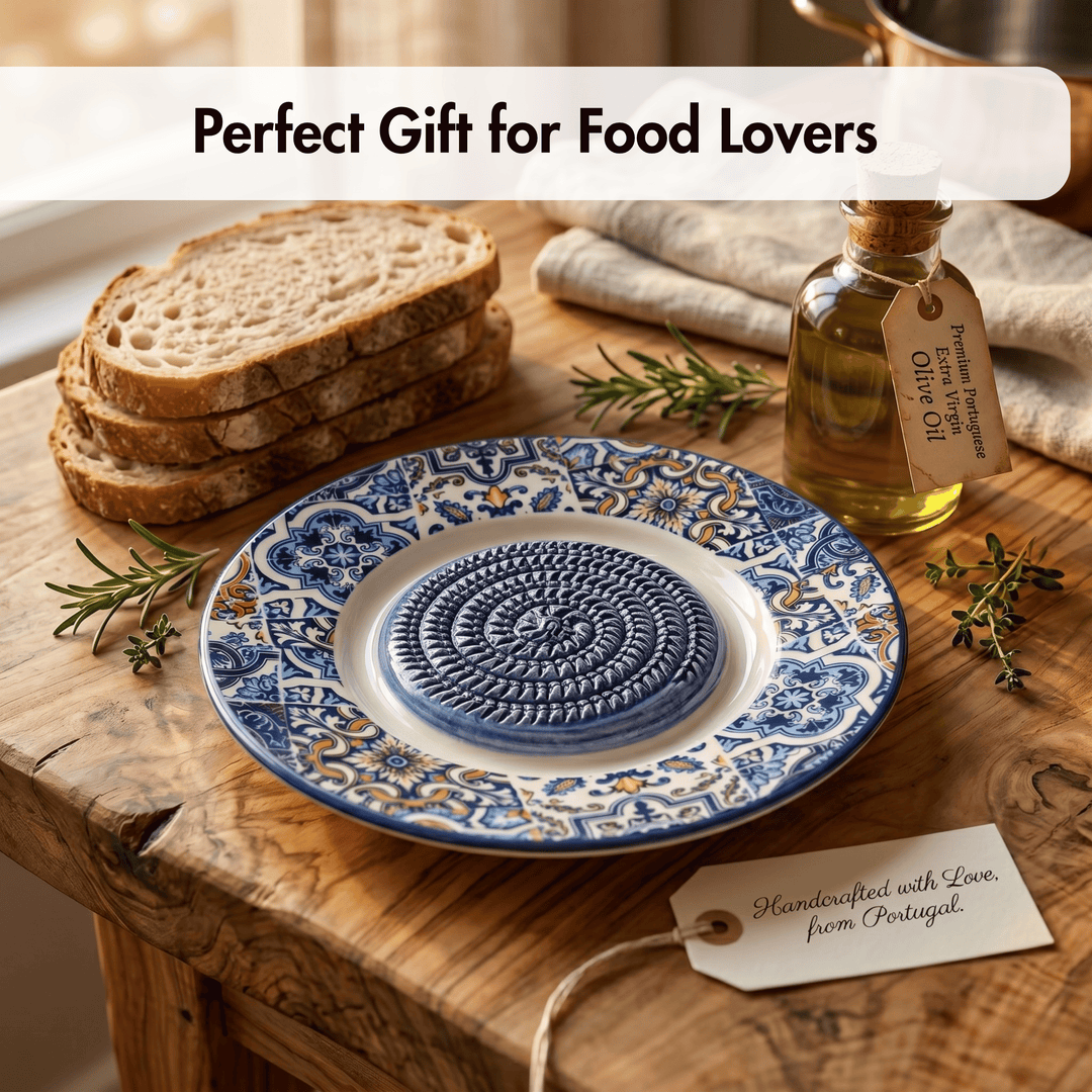 Decorative plate with bread and olive oil on a wooden surface, labeled 'Perfect Gift for Food Lovers'.