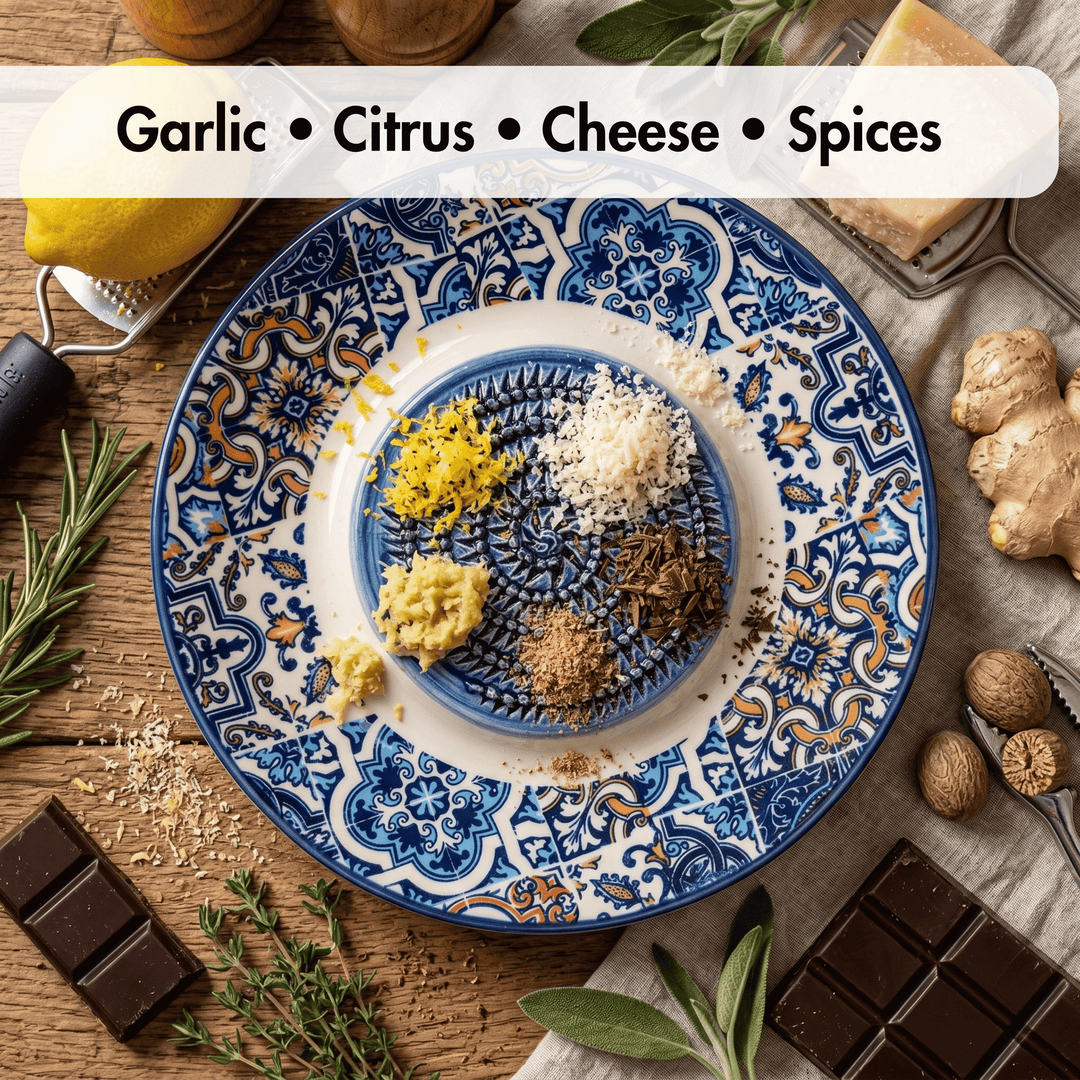Decorative plate with garlic, citrus, cheese, and spices on a wooden surface with herbs and chocolate.