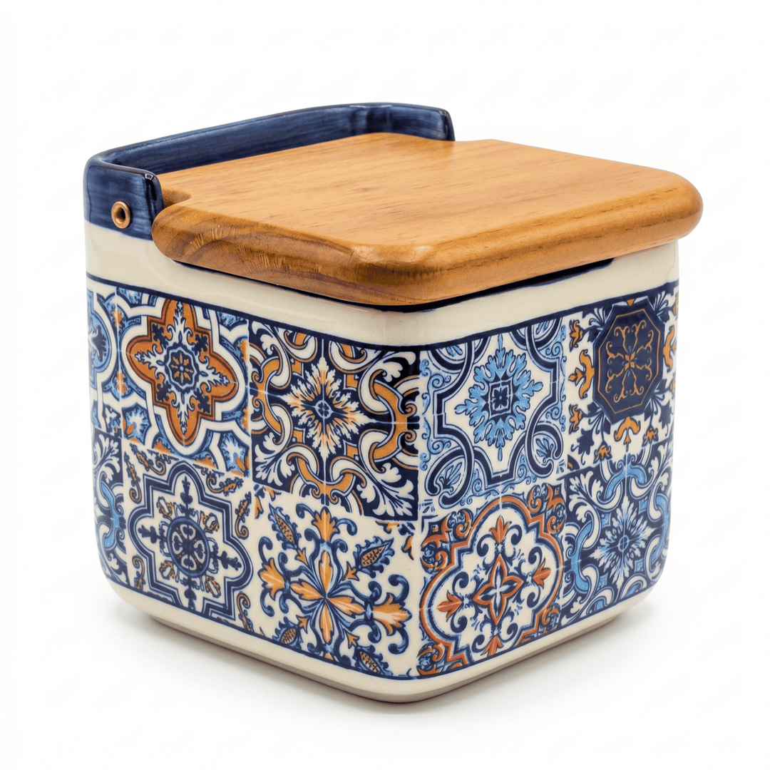 Ceramic container with a wooden lid featuring a decorative blue and orange pattern on a white background.