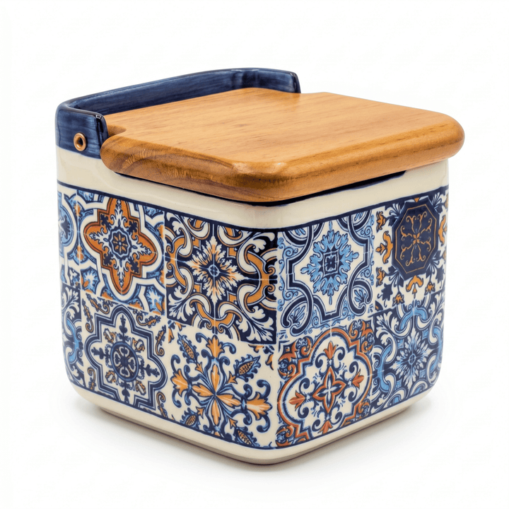 Ceramic container with a wooden lid featuring a decorative blue and orange pattern on a white background.