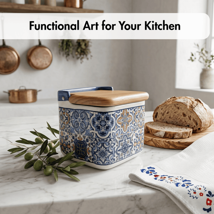Decorative kitchen container with a wooden lid on a marble countertop, with bread and a towel in the background.