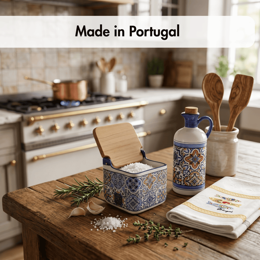 Decorative kitchen scene with Portuguese ceramic items on a wooden table.
