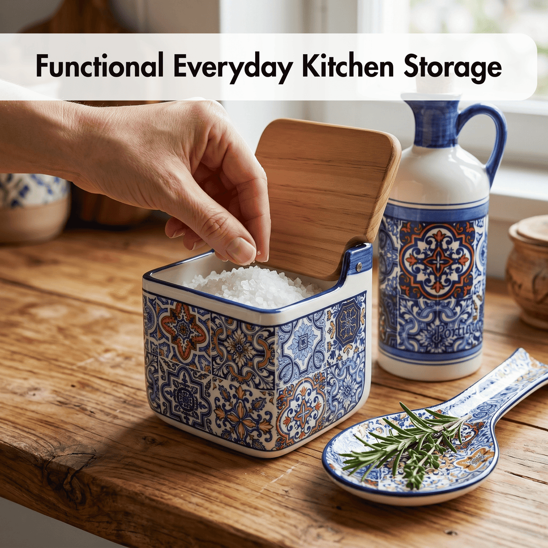 Decorative kitchen storage container with a hand reaching in, surrounded by other decorative kitchen items.